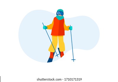 Person practicing mountain skiing. Skier wearing mask, holding poles flat vector illustration. Vacation, recreation, slope, ski resort concept for banner, website design or landing web page