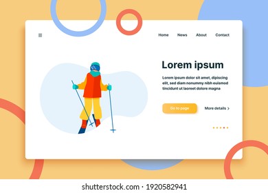 Person practicing mountain skiing. Skier wearing mask, holding poles flat vector illustration. Vacation, recreation, slope, ski resort concept for banner, website design or landing web page