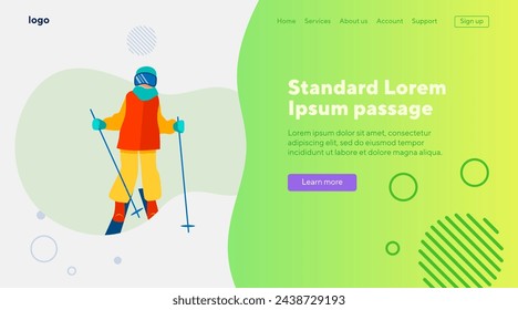 Person practicing mountain skiing. Skier wearing mask, holding poles flat vector illustration. Vacation, recreation, slope, ski resort concept for banner, website design or landing web page