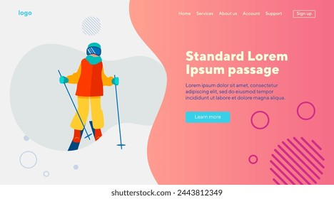 Person practicing mountain skiing. Skier wearing mask, holding poles flat vector illustration. Vacation, recreation, slope, ski resort concept for banner, website design or landing web page