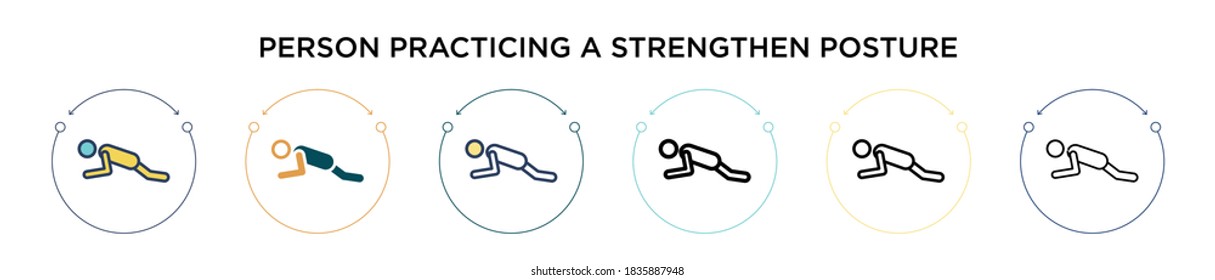 Person practicing a strengthen posture icon in filled, thin line, outline and stroke style. Vector illustration of two colored and black person practicing a strengthen posture vector icons designs