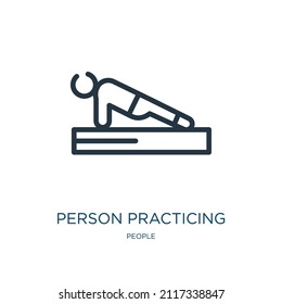 person practicing a strengthen posture thin line icon. woman, transparent linear icons from people concept isolated outline sign. Vector illustration symbol element for web design and apps.