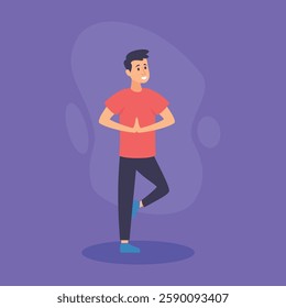 Person practicing yoga indoors, standing in tree pose with hands together in front of chest. Relaxation concept