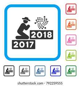 Person Pray Iota 2018 icon. Flat grey pictogram symbol in a blue rounded rectangular frame. Black, gray, green, blue, red, orange color versions of person pray iota 2018 vector.