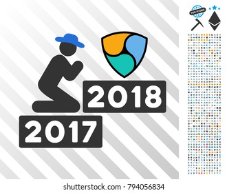 Person Pray Nem 2018 pictograph with 700 bonus bitcoin mining and blockchain graphic icons. Vector illustration style is flat iconic symbols design for crypto-currency software.