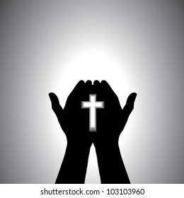 Person praying with cross in hand - concept of a devout christian worshiping Christ