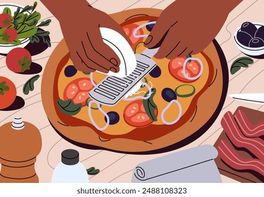 Person prepares homemade pizza with tomato top view. Character cooks eating, food, grates cheese on kitchen worktop. Cooking process of traditional meal of Italian cuisine. Flat vector illustration