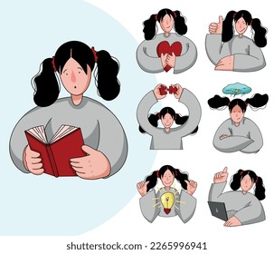 person for presentations.  girl icon with different emotions and actions for text illustration.  reads a book, likes, thumbs up, feels an idea, gets angry, puts together a puzzle, works on a computer