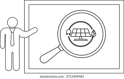 A person presenting a board featuring a magnifying glass focusing on a solar panel