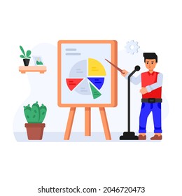 Eine Person, die Geschäftsgrafiken vorstellt, flache Illustration des Coaching 