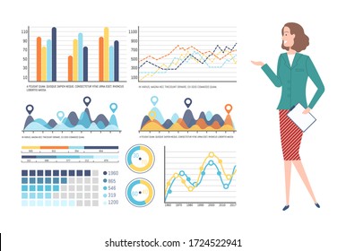 Person presenting business plan vector, woman with information on whiteboard, charts and info, data of business project, flowchart on presentation