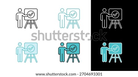Person presenting check mark on board icon for training approval and onboarding in line and fill style