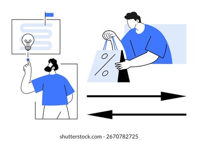 Person presenting a creative idea with a lightbulb and a graph, another person holding a shopping bag with a discount symbol, and two arrows pointing in different directions. Ideal for marketing