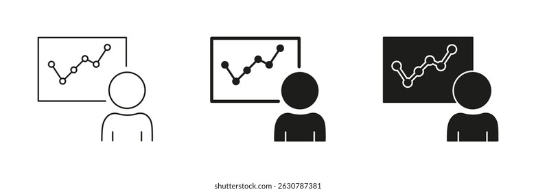 Person Presenting Data Chart Line And Solid Icon Set. Business Analysis, Data Presentation Symbol Collection. Professional Growth And Strategy Visualization. Isolated Vector Illustration.