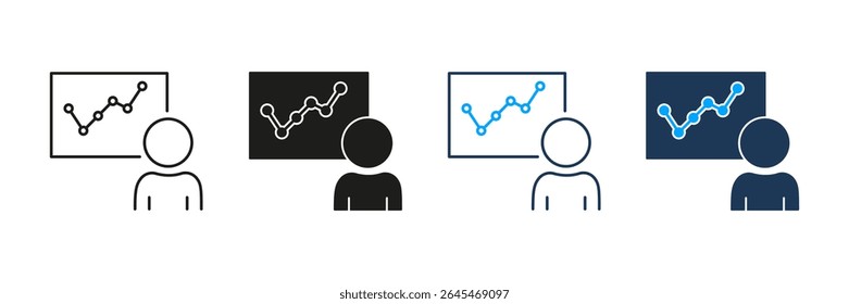 Person Presenting Data Chart Line And Solid Icon Set. Business Presentation, Data Analysis, And Performance Review Symbol Collection. Professional Communication. Isolated Vector Illustration.