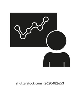 Person Presenting Data Chart Solid Icon. Business Analysis, Data Visualization, And Presentation Silhouette Symbol. Professional Insights And Reporting. Isolated Vector Illustration.