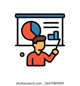 Uma pessoa está apresentando dados em um gráfico com um ponteiro. O gráfico inclui um gráfico de pizza e um gráfico de barras.