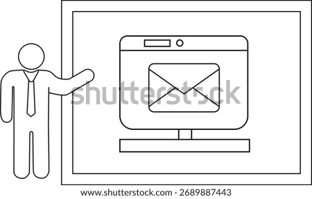 A person presenting an email icon displayed on a computer screen within a framed area