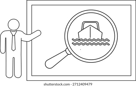 Uma pessoa apresentando um gráfico em uma tela com um barco sob uma lupa