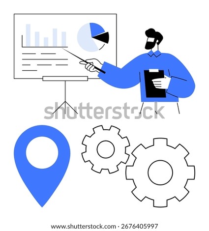 Person presenting graphs and pie chart on board with pointer, holding clipboard. Blue location pin and gear icons. Ideal for business, analytics, presentations, strategy, data analysis, project