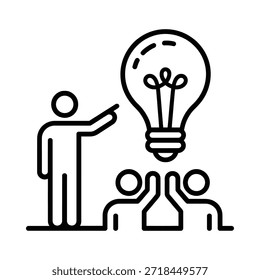 A person presenting an idea to a group symbolized by a lightbulb