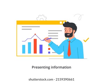 Person presenting information. Male entrepreneur conducts data analysis or financial report. Presentation of company statistics, graphs and charts. Cartoon flat vector illustration in doodle style