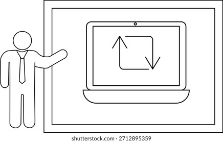 Person presenting laptop with a square arrow looping up down on screen in a framed setting