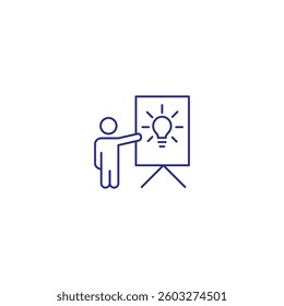 Person presenting light bulb idea on flipchart icon in vector format.