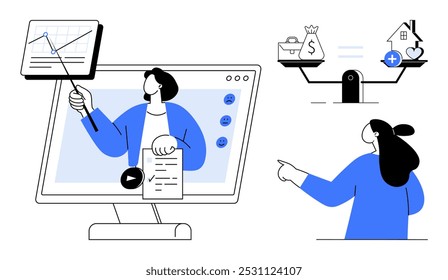 Person presenting statistical data on a computer screen pointing at balance scale weighing money and house. Ideal for business, finance, virtual meetings, data analysis, education. Illustrated in