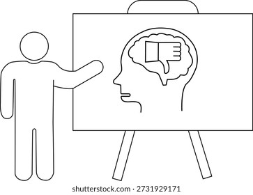 Person, die ein Whiteboard mit einem Kopfhirn mit einem Daumen-nach-unten-Symbol präsentiert