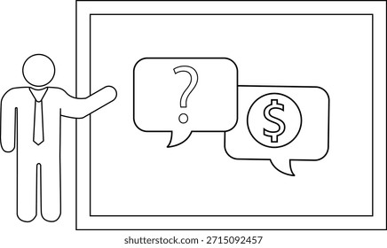Persona que presenta pizarra con signo de interrogación y burbujas de discurso de Iniciar sesión de dólar