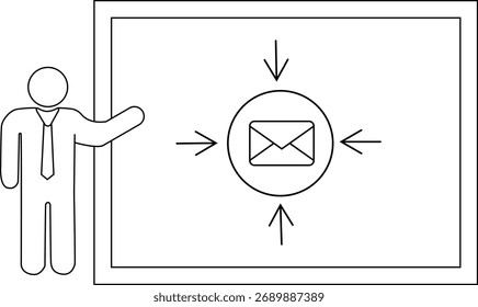 A person presents a board with an envelope in a circle highlighted by four converging arrows