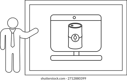 Una persona presenta una pantalla de computadora que muestra un barril de petróleo en un entorno enmarcado