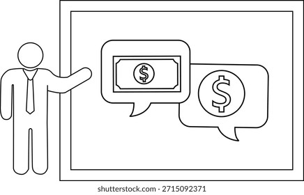 Persona presenta burbujas de símbolo de dólar en una pantalla o pared