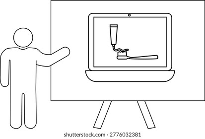 A person presents a laptop displaying toothpaste being applied to a toothbrush on a stand