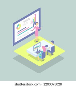 Person presents project at blackboard for workers cartoon banner vector set. Woman in suit with pointer shows diagrams, isolated conference room.