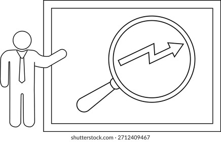 A person presents an upwardtrending arrow inside a magnifying glass on a board