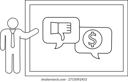 Person präsentiert eine Whiteboard-Anzeige eines Thumbsdown-Symbol ein Dollar-Zeichen in Sprechblasen