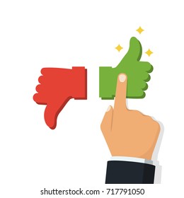 Person presses button like. Like and dislike isolated on white background. Vector illustration flat design style. Thumb up symbol.
