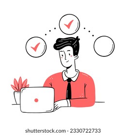 A person in the process of work. A young man is working on a laptop. A working man. Vector hand drawn illustration in doodle style