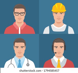 Person and profession. Vector illustration of various professions. Including programmer, doctor, operator, and builder.