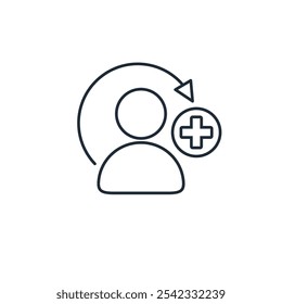 Person profile avatar with plus symbol. Add new user, friend.Vector linear icon illustration isolated on white background.