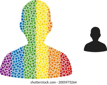 Person profile collage icon of circle elements in variable sizes and spectrum color shades. A dotted LGBT-colored person profile for lesbians, gays, bisexuals, and transgenders.