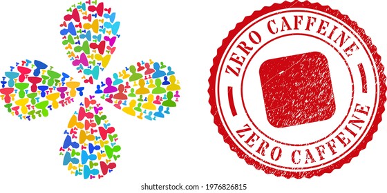 Person profile colored explosion flower cluster, and red round ZERO CAFFEINE unclean stamp. Person profile symbol inside round stamp seal. Element cluster composed from random person profile symbols.