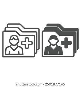 Person profile folders with medical cross line and solid icon, human rescue concept. Vector graphics. Citizens database files sign on white background, outline style icon for mobile or web design