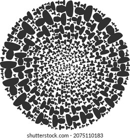 Das Personprofil-Symbol fährt mit dem Mosaik. Personenprofilschilder werden zu einem Cluster-Twirl-Mosaikstruktur geformt. Abstraktion sphärisches Cluster-Mosaik, organisiert von regulären Personen-Profil Artikel.