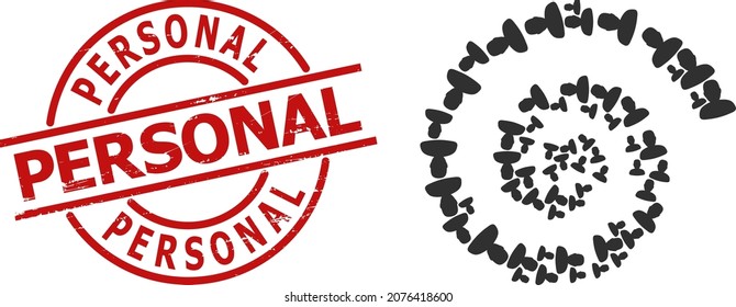 Person profile icon spiral curl mosaicwith PERSONAL dirty stamp imitation. Person profile signs are organized into spiral design concept. Red stamp contains PERSONAL caption inside circle form.