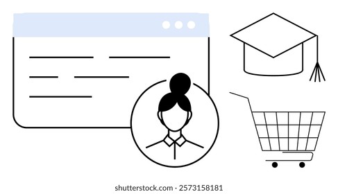 A person profile inside circle beneath window with lines next to graduation cap and shopping cart. Ideal for E-Commerce Online Learning User Interface Web Development Educational Technology