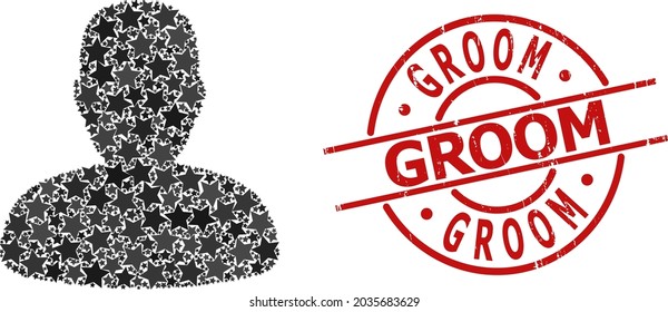 Patrón de estrella de perfil personal y sello Groom de grunge. Sello rojo con textura impura y etiqueta Groom dentro del círculo. El concepto de perfil de persona abstracta se construye a partir de elementos de estrella plana dispersos.
