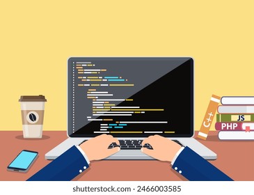 Person programmer working on pc laptop with program code on screen. programming software, coding type. Vector illustration in flat style